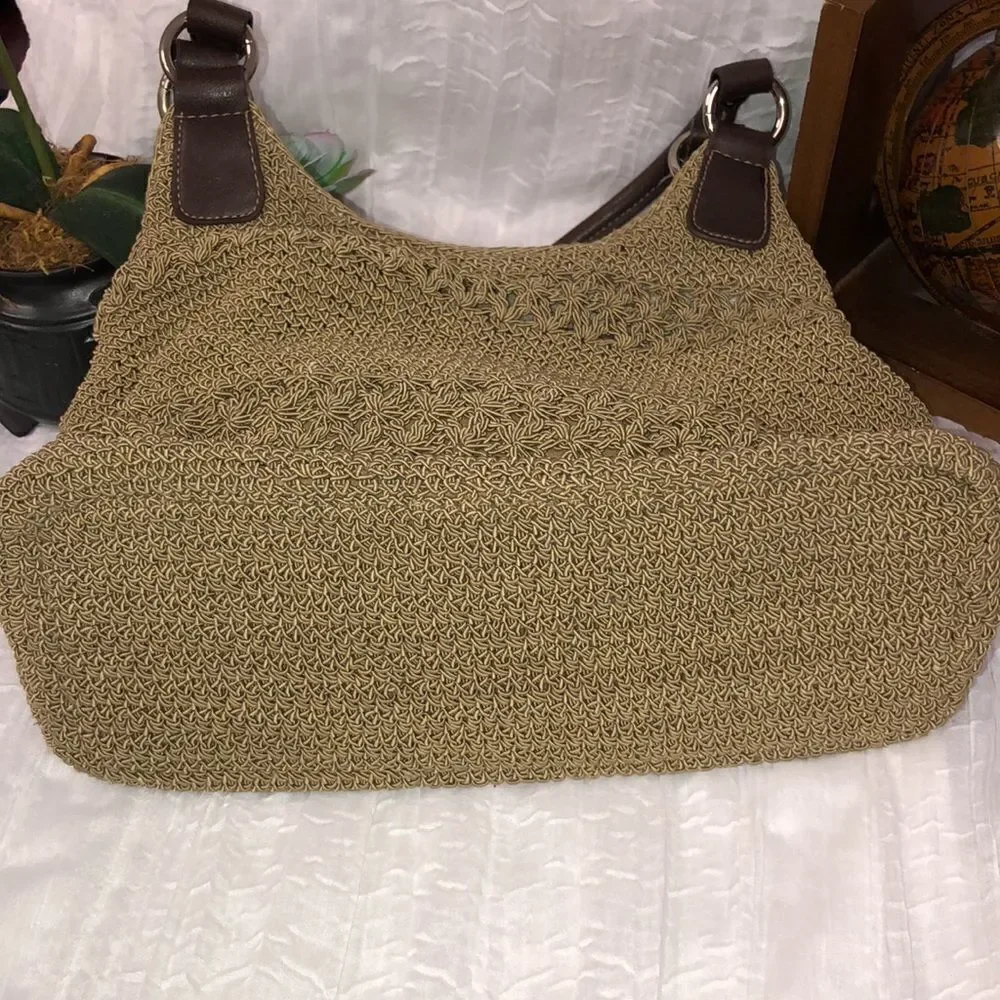 Macrame Crochet Faux Leather Combo Tan Brown Satchel